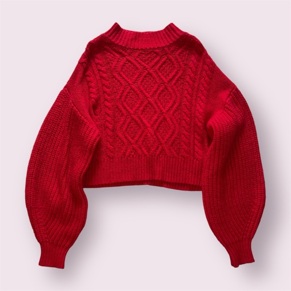 Kaari Blue Sweaters - Kaari Blue Red Cable-Knit Cropped Cowlneck Sweater